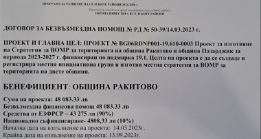 Проект за изготвяне на Стратегия за ВОМР на територията на община Ракитово и община Пазарджик за периода 2023-2027